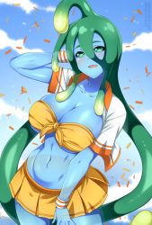 Rule 34 | 1girl, :d, alternate costume, arm behind head, arm up, blue skin, blue sky, breasts, cleavage, cloud, collarbone, colored skin, commentary, confetti, cowboy shot, day, english commentary, green eyes, highres, large breasts, lindaroze, looking at viewer, monster girl, monster musume no iru nichijou, navel, open mouth, outdoors, short sleeves, skirt, sky, slime girl, smile, solo, stomach, strapless, suu (monster musume), transparent, tube top, wristband, yellow skirt