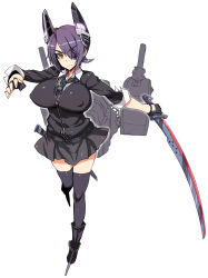Rule 34 | 10s, 1girl, black thighhighs, breasts, brown eyes, covered erect nipples, denki showgun, eyebrows, eyepatch, fingerless gloves, gloves, highres, kantai collection, large breasts, looking at viewer, purple hair, short hair, simple background, skirt, smile, solo, sword, tenryuu (kancolle), thighhighs, weapon, white background, zettai ryouiki