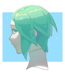 Rule 34 | 1other, androgynous, artist request, bad id, bad pixiv id, blue background, colored eyelashes, green eyes, green hair, highres, houseki no kuni, looking at viewer, looking back, phosphophyllite, portrait, profile, short hair, solo
