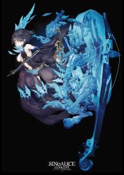 Rule 34 | 1girl, alice (sinoalice), black background, black hair, bow (music), breasts, broken, cello, center opening, commentary request, dress, elbow gloves, eyes visible through hair, gloves, highres, instrument, ji no, looking at viewer, medium breasts, navel, official art, red eyes, short hair, sinoalice, solo, violin