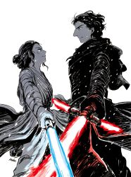 Rule 34 | 1boy, 1girl, energy sword, eye contact, kylo ren, lightsaber, limited palette, looking at another, matsuri6373, rey (star wars), simple background, spoilers, spot color, star wars, sword, weapon, white background