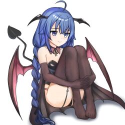Rule 34 | 1girl, ahoge, armpit crease, black leotard, black ribbon, blue eyes, blue hair, braid, breasts, brown dust 2, brown gloves, closed mouth, demon girl, demon tail, demon wings, elbow gloves, full body, gloves, hair between eyes, hair ribbon, head wings, heart, heart tail, hugging own legs, leotard, looking down, lowres, mushoku tensei, ribbon, roxy migurdia, simple background, sitting, small breasts, solo, tail, twin braids, white background, wings, youkairanran