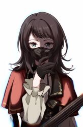 Rule 34 | 1girl, artist name, bang dream!, bang dream! it&#039;s mygo!!!!!, black gloves, black hair, black mask, capelet, commentary, gloves, green eyes, guitar, half gloves, hand up, hashtag-only commentary, highres, instrument, long sleeves, looking at viewer, mask, medium hair, mouth mask, red capelet, shade, shirt, solo, upper body, white background, white shirt, yahata umiri, yeyep0911