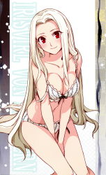 Rule 34 | 1girl, absurdres, bare shoulders, blonde hair, blush, bra, bra strap, breasts, breasts squeezed together, character name, cleavage, closed mouth, fate/zero, fate (series), female focus, groin, hands between legs, happy, head tilt, highres, irisviel von einzbern, large breasts, legs, light blonde hair, light blush, lingerie, long hair, looking at viewer, morii shizuki, navel, nose blush, off shoulder, own hands together, panties, red eyes, simple background, sitting, smile, solo, strap slip, thighs, underwear, underwear only, very long hair, white background, white bra, white panties