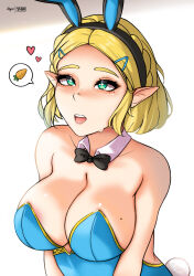 Rule 34 | 1girl, absurdres, animal ears, black bow, blonde hair, blue leotard, blush, bow, bowtie, breasts, carrot, collarbone, fake animal ears, fake tail, female focus, green eyes, hair ornament, hairclip, heart, highres, large breasts, leotard, lips, mole, mole on breast, mystyhw, bowtie, nintendo, open mouth, paid reward available, playboy bunny, pointy ears, princess zelda, rabbit ears, rabbit tail, short hair, sidelocks, solo, speech bubble, sweat, tail, teeth, the legend of zelda, the legend of zelda: breath of the wild, the legend of zelda: tears of the kingdom, tongue, upper body, upper teeth only