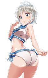 Rule 34 | 1girl, :3, anastasia (idolmaster), ass, blue eyes, breasts, earrings, highres, huge ass, idolmaster, idolmaster cinderella girls, jewelry, looking at viewer, sailor swimsuit (idolmaster), shift (waage), short hair, silver hair, simple background, small breasts, smile, solo, white background
