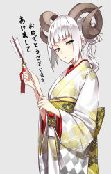 Rule 34 | 1girl, animal ears, arrow (projectile), blunt bangs, blush, bow, cowboy shot, fame peera, goat ears, goat horns, green eyes, grey background, half-closed eyes, horns, japanese clothes, kimono, looking at viewer, new year, obi, original, parted lips, ponytail, sash, simple background, solo, translation request, white hair