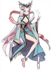 Rule 34 | 1girl, bad id, bad twitter id, blue eyes, breasts, character request, chinese clothes, cleavage, cleavage cutout, clothing cutout, commentary request, copyright request, ecru, hair ornament, shoes, solo, white hair