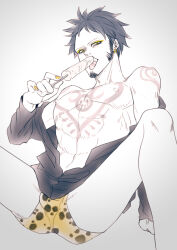 Rule 34 | 1boy, abs, animal print, blush, bulge, cheese neko3, chest tattoo, erection, erection under clothes, eyeshadow, facial hair, food, goatee, hand tattoo, holding, makeup, male focus, male underwear, navel, nipples, one piece, popsicle, sexually suggestive, shirt, short hair, shoulder tattoo, spread legs, tattoo, tongue, tongue out, trafalgar law, underwear, yellow eyeshadow, yellow nails