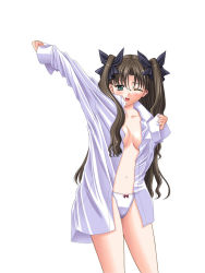 Rule 34 | 00s, 1girl, black hair, bow, bow panties, cowboy shot, dress shirt, fate/stay night, fate (series), green eyes, hair bow, highres, long hair, one eye closed, open clothes, open shirt, panties, shirt, solo, stretching, tohsaka rin, two side up, underwear, yawning