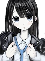 Rule 34 | 1girl, black hair, black jacket, blue necktie, buttons, collared shirt, grey eyes, hands up, highres, jacket, light blush, long bangs, long hair, long sleeves, looking at viewer, loose necktie, necktie, open clothes, open jacket, original, parted lips, shirt, simple background, solo, straight-on, straight hair, studded jacket, upper body, urokogaran, white background, white shirt