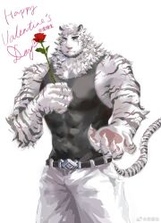 Rule 34 | 1boy, animal ears, arknights, bara, bare arms, beckoning, black tank top, covered abs, cowboy shot, facial hair, furry, furry male, goatee, happy valentine, highres, hujusheng, large pectorals, looking at viewer, male focus, mature male, mountain (arknights), muscular, muscular male, outstretched hand, pectorals, reaching, reaching towards viewer, short hair, sidepec, smile, solo, tank top, thick eyebrows, tiger boy, tiger ears, valentine, white fur