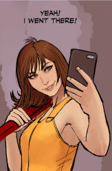 Rule 34 | 1990s (style), 1girl, brown hair, cellphone, commentary, english text, final fantasy, final fantasy viii, green eyes, highres, lips, nunchaku, parted lips, phone, pun, selphie tilmitt, smartphone, smile, solo, stjepan sejic, weapon