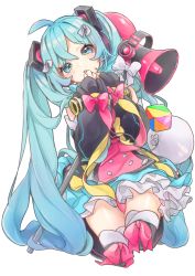 Rule 34 | 1girl, absurdres, ahoge, aqua hair, aqua skirt, balloon, bare shoulders, black sleeves, blush, boots, bow, cable, commentary request, detached sleeves, frilled sleeves, frills, full body, hair bow, hair ornament, hatsune miku, highres, long hair, long sleeves, looking at viewer, magical mirai (vocaloid), magical mirai miku, magical mirai miku (2018), open mouth, over-kneehighs, panties, pantyshot, petticoat, pink bow, pink panties, shigupon, skirt, sleeves past wrists, solo, thighhighs, twintails, underwear, very long hair, vocaloid, white background