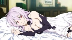 Rule 34 | 10s, 1girl, bed, breasts, cleavage, detached sleeves, dress, female focus, game cg, indoors, large breasts, looking at viewer, lying, mole, mole on breast, on side, pillow, purple hair, red eyes, smile, solo, strea (sao), sword art online, sword art online: hollow fragment, white dress
