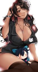 Rule 34 | 2girls, :q, absurdres, akidearest, animal ears, backlighting, black bra, black hair, blue hair, bra, breasts, brown eyes, brown hair, cat ears, cleavage, collarbone, commission, covered erect nipples, ear piercing, earrings, genderswap, genderswap (mtf), highres, jewelry, large breasts, leggings, long hair, mask, mask on head, mature female, maya (vtuber) (artist), mole, mole above mouth, mole on arm, mole on breast, mole on neck, mole on thigh, mole under mouth, multicolored hair, multiple girls, necklace, open mouth, piercing, real life, red hair, smile, solid oval eyes, sparkle, stud earrings, tan, the anime man, thick thighs, thighs, tongue, tongue out, two-tone hair, underwear, watch, white background, yellow eyes