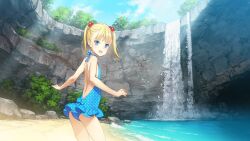 Rule 34 | 1girl, ass, backless swimsuit, bare shoulders, blonde hair, blue eyes, blue one-piece swimsuit, blue sky, blush, commentary request, cordelia (machine child), cowboy shot, day, flat chest, hair bobbles, hair ornament, looking at viewer, looking back, machine child, one-piece swimsuit, ooyari ashito, open mouth, outdoors, plant, sand, shore, short hair, sky, smile, solo, sunlight, swimsuit, twintails, water, waterfall