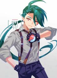Rule 34 | 1girl, ahoge, black gloves, black pants, bright pupils, closed mouth, collared shirt, commentary request, cowboy shot, creatures (company), game freak, gloves, green hair, hand up, holding, holding poke ball, long hair, looking at viewer, necktie, nintendo, pants, poke ball, poke ball (basic), pokemon, pokemon sv, red eyes, rika (pokemon), shimogamo koushi, shirt, sleeves rolled up, solo, suspenders, white pupils