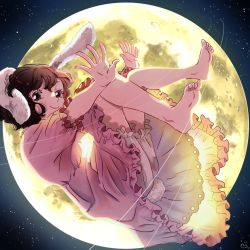 Rule 34 | 1girl, animal ears, bare legs, barefoot, black hair, bloomers, blush, brown eyes, closed mouth, commentary request, dress, feet, floppy ears, frilled dress, frilled sleeves, frills, from side, full body, full moon, glowing, inaba tewi, looking at viewer, looking to the side, mokoiscat, moon, moonlight, night, night sky, open hands, outstretched arms, outstretched hand, pink dress, puffy short sleeves, puffy sleeves, rabbit ears, rabbit girl, rabbit tail, short hair, short sleeves, signature, sky, smile, solo, spread fingers, star (sky), star (symbol), starry background, starry sky, tail, touhou, underwear, upskirt, wavy hair