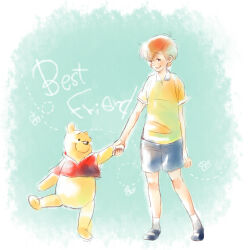 Rule 34 | 2boys, :d, bear, blue shorts, brown hair, bug, butterfly, christopher robin, english text, green background, holding hands, insect, misoko, multiple boys, open mouth, pooh, red shirt, shirt, short sleeves, shorts, simple background, smile, socks, standing, white butterfly, white socks, winnie the pooh, yellow shirt