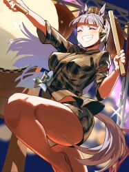 Rule 34 | 1girl, animal ears, blunt bangs, blush, bow, breasts, brown headwear, closed eyes, commentary, drum, drumming, drumsticks, ear bow, ear covers, ear ribbon, festival, flying sweatdrops, geta, gold ship (umamusume), grey hair, highres, holding, holding drumsticks, horse ears, horse girl, horse tail, instrument, japanese clothes, jinbei (clothes), koppe koppe, large breasts, leg up, long hair, open mouth, pillbox hat, sandals, smile, solo, summer festival, sweatdrop, taiko drum, taiko sticks, tail, teeth, thighs, umamusume, zouri