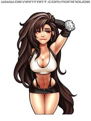 Rule 34 | 1girl, abs, alternate hairstyle, big hair, black skirt, breasts, brown hair, cleavage, colorized, commentary, covered erect nipples, crop top, cropped legs, detached sleeves, elbow pads, english commentary, final fantasy, final fantasy vii, hand in own hair, highleg, highleg panties, highres, large breasts, lips, long hair, looking to the side, midriff, miniskirt, narrow waist, navel, panties, red eyes, revision, ronindude, single elbow pad, skirt, solo, standing, suspender skirt, suspenders, thigh gap, tifa lockhart, underwear, very long hair