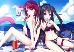 Rule 34 | 2girls, bag, barefoot, beach, bikini, black hair, blue eyes, cellphone, cooler, food, holding hands, innertube, iphone, kazeoto kirito, lens flare, licking, long hair, mouth hold, multiple girls, navel, one-piece swimsuit, original, phone, popsicle, red hair, sexually suggestive, shaved ice, sitting, smartphone, swim ring, swimsuit, thermos, twintails, wariza, yellow eyes