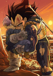 Rule 34 | 2boys, alternate universe, amartbee, armor, black hair, blood, blood on face, boots, bruise, bruise on face, carrying, commentary, dragon ball, dragonball z, english commentary, father and son, highres, injury, male focus, multiple boys, muscular, muscular male, purple hair, torn clothes, trunks (dragon ball), twitter username, vegeta, widow&#039;s peak