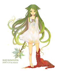 Rule 34 | 1girl, commentary request, copyright name, dated, dress, expressionless, flat chest, flower, full body, green eyes, green flower, green hair, hair flaps, kanon (rsl), long hair, looking at viewer, neck ribbon, parted lips, red ribbon, ribbon, sandals, saya (saya no uta), saya no uta, signature, sleeveless, sleeveless dress, solo, standing, sundress, very long hair, white background, white dress, white footwear