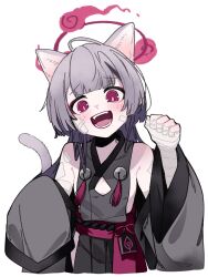 Rule 34 | 1girl, animal ears, bandaged arm, bandaged hand, bandages, bare shoulders, bell, blue archive, cat ears, cat tail, clothing cutout, detached sleeves, flat chest, gauze, gauze on cheek, grey hair, grey sleeves, halo, highres, japanese clothes, jingle bell, long hair, looking at viewer, obi, open mouth, red eyes, red halo, sash, shiromoca, shuro (blue archive), simple background, smile, solo, tail, upper body, white background