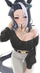 Rule 34 | 1girl, animal ears, belt, black hair, breasts, casual, cleavage, collarbone, commentary request, dated, food in mouth, grin, highres, horse ears, horse tail, jewelry, large breasts, looking at viewer, matuda (matudayazo), medium hair, mejiro ramonu (umamusume), necklace, pants, purple eyes, smile, solo, tail, umamusume