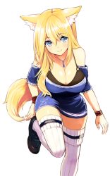 Rule 34 | 1girl, animal ear fluff, animal ears, bare shoulders, black footwear, blonde hair, blue dress, blue eyes, blush, breasts, cleavage, closed mouth, commentary request, dress, fox ears, fox girl, fox tail, hair between eyes, heart, heart-shaped pupils, hutaba aoi, jewelry, large breasts, loafers, long hair, nanashin naomi, original, pendant, ribbed legwear, shoes, short sleeves, simple background, smile, solo, standing, standing on one leg, symbol-shaped pupils, tail, thighhighs, very long hair, white background, white thighhighs