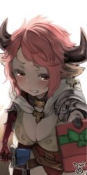 Rule 34 | 10s, 1girl, animal ears, artist name, blush, breasts, cleavage, clenched teeth, cow ears, cow horns, cross, cross earrings, draph, earrings, gift, granblue fantasy, horns, jewelry, looking at viewer, medium breasts, pine (pine-box), pink hair, red eyes, short hair, simple background, solo, sturm (granblue fantasy), sword, teeth, weapon, white background