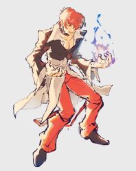 Rule 34 | 1boy, collar, fire, grey background, jacket, jeto (jetopyon), male focus, one eye covered, pants, pectoral cleavage, pectorals, purple fire, pyrokinesis, red hair, red pants, simple background, solo, tagme, the king of fighters, yagami iori