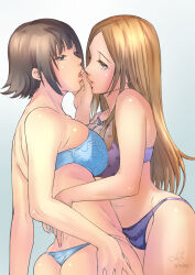 Rule 34 | 2girls, ass, blonde hair, blue background, blue panties, bra, breasts, brown eyes, brown hair, commentary request, doreiku: boku to 23-nin no dorei, eyelashes, finger to another&#039;s mouth, floral print, hair behind ear, hand on own ass, jelly shrimp, katsushika julia, large breasts, lips, long hair, medium hair, multiple girls, open mouth, panties, purple bra, purple panties, signature, suginami lucie, thong, underwear, yuri