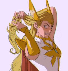 Rule 34 | 1girl, angry, blonde hair, blue eyes, bracer, clenched teeth, grey background, hand in own hair, headdress, headwear request, long hair, ramon nunez, she-ra (character) (princesses of power), she-ra and the princesses of power, shoulder pads, solo, teeth, upper body, yellow headwear