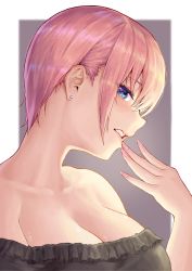 Rule 34 | 1girl, absurdres, bare shoulders, black shirt, blouse, breasts, collarbone, earrings, fingernails, go-toubun no hanayome, grey background, highres, hoshibudou, jewelry, large breasts, looking at viewer, nakano ichika, parted lips, pink hair, shirt, short hair, solo, two-tone background, upper body, white background