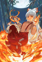 Rule 34 | 1girl, absurdres, bamboo, bamboo forest, bow, collared shirt, commentary, fire, forest, fujiwara no mokou, full moon, hair bow, highres, hirachill16, long hair, long sleeves, looking at viewer, moon, nature, ofuda, ofuda on clothes, open mouth, outdoors, pants, pyrokinesis, red eyes, red pants, shirt, smile, solo, suspenders, touhou, very long hair, white hair