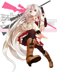 Rule 34 | 1girl, blue eyes, boots, full body, gun, ia (vocaloid), long hair, musou yuchi, rifle, simple background, smile, sniper rifle, solo, very long hair, vocaloid, weapon
