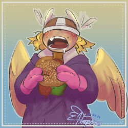 Rule 34 | 1girl, angel, angel girl, burger, digimon, digimon (creature), female focus, food, luxmon, open mouth, solo, wings