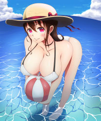 Rule 34 | 1girl, absurdres, ass, ball, bent over, bikini, blush, breasts, brown hair, cleavage, collarbone, covered erect nipples, female focus, hat, highres, large breasts, leaning forward, long hair, looking at viewer, ocean, original, outdoors, purple eyes, smile, solo, standing, summer, swimsuit, wara t-shirt, wet, white bikini