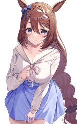 Rule 34 | 1girl, animal ears, blue eyes, blue ribbon, blue skirt, bow, braid, braided ponytail, breasts, cleavage, closed mouth, commentary request, ear ribbon, hair between eyes, harimoji, highres, horse ears, horse girl, large breasts, long hair, long sleeves, looking at viewer, multicolored hair, ribbon, simple background, skirt, smile, solo, streaked hair, super creek (umamusume), umamusume, very long hair, white background, white hair