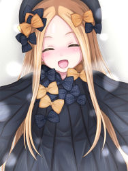 Rule 34 | 1girl, :d, abigail williams (fate), black bow, black dress, black hat, blonde hair, blush, bow, closed eyes, commentary request, dress, facing viewer, fate/grand order, fate (series), forehead, hair bow, hat, head tilt, highres, hiyoko kamen, long hair, long sleeves, open mouth, orange bow, outstretched arms, parted bangs, polka dot, polka dot bow, sleeves past fingers, sleeves past wrists, smile, solo, upper body, very long hair