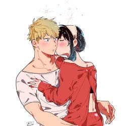 Rule 34 | 1boy, 1girl, awarinko, black hair, blonde hair, blue eyes, blush, closed eyes, closed mouth, collarbone, commentary request, dress, eyelashes, hairband, hetero, highres, husband and wife, kiss, kissing cheek, long sleeves, off-shoulder dress, off shoulder, red dress, shirt, short hair, short hair with long locks, short sleeves, signature, spy x family, sweater, sweater dress, t-shirt, twilight (spy x family), twitter username, white hairband, white shirt, yor briar