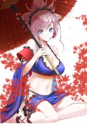 Rule 34 | 1girl, blue eyes, earrings, fate/grand order, fate (series), highres, jewelry, falling leaves, looking at viewer, midriff, mitsugu, miyamoto musashi (fate), navel, parasol, smile, solo, thigh strap, umbrella