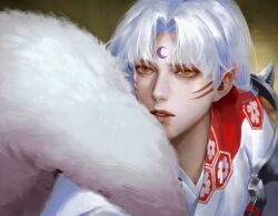 Rule 34 | 1boy, blueship4985, facial mark, forehead mark, fur shawl, highres, inuyasha, japanese clothes, korean commentary, long hair, looking afar, male focus, parted lips, pointy ears, portrait, realistic, sesshoumaru, shawl, shoulder spikes, simple background, solo, spikes, white hair, yellow eyes