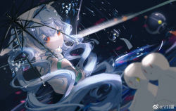 Rule 34 | 1girl, blue hair, commentary, double helix, from behind, girls&#039; frontline, girls&#039; frontline neural cloud, hair between eyes, helix (neural cloud), holding, holding umbrella, long hair, looking at viewer, looking back, orange eyes, rain, shuimu mao mao tou, solo, teruterubouzu, transparent, transparent umbrella, twintails, umbrella, upper body, very long hair, weibo watermark, wind chime