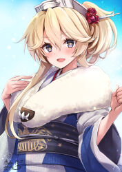 Rule 34 | 1girl, :d, artist name, blonde hair, blue eyes, blue kimono, blush, commentary, dated, english commentary, feather boa, flower, fur-trimmed kimono, fur trim, hair between eyes, hair flower, hair ornament, hands up, headgear, highres, iowa (kancolle), japanese clothes, kantai collection, kimono, long hair, long sleeves, mashiro yukiya, new year, obi, obijime, official alternate costume, open mouth, red flower, sash, signature, simple background, smile, solo, star-shaped pupils, star (symbol), symbol-shaped pupils, upper body, wide sleeves