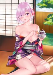Rule 34 | 1girl, absurdres, bare shoulders, blush, breasts, cleavage, collarbone, fate/grand order, fate (series), hair over one eye, highres, large breasts, light purple hair, looking at viewer, mash kyrielight, open mouth, purple eyes, revision, short hair, smile, solo, yayanri