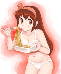 Rule 34 | 1girl, bad id, bad pixiv id, bra, breasts, brown eyes, brown hair, cleavage, commentary request, cup ramen, eating, food, hair ornament, highres, instant soba, lafolie, long hair, looking at viewer, medium breasts, miracle lingerie, noodles, panties, ribbon, solo, underwear, yakisoba
